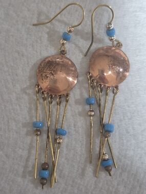Vintage Southwestern Copper Shield & Brass Fringe Chandelier Dangle Earrings